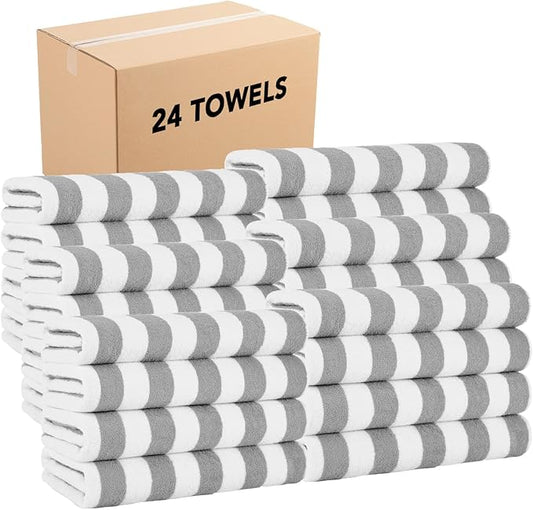 Arkwright California Cabana Stripe Beach Towel Bulk - Case of 24, Large Soft Quick Dry Cotton Terry Towels Set for Pool, Swim, and Hot Tub, Oversized 30 x 70 in, Grey