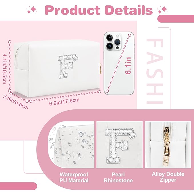 Bride Gifts – Personalized Initial Makeup Bag with Pearl Rhinestone Patch, Preppy White Monogram Cosmetic/Toiletry Pouch, bridesmaid Gifts, Bridal Shower Gifts, Wedding Gifts, Bridal Gifts,F