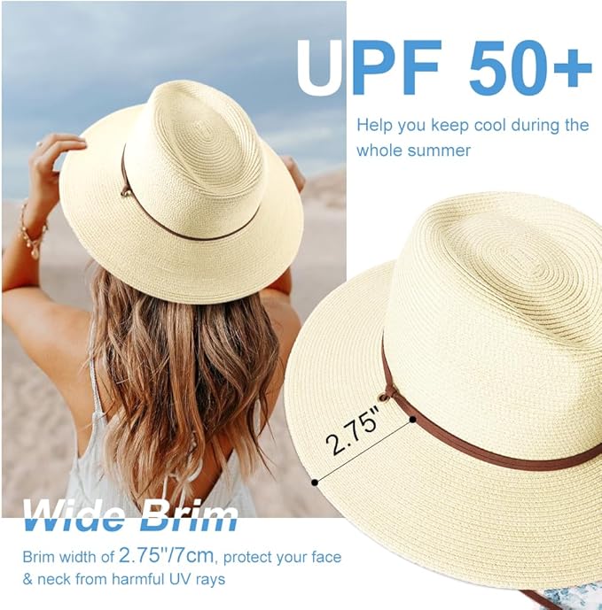 DRESHOW Women Straw Panama Hat Travel Fedora Beach Sun Hat Summer Wide Brim Straw Roll up Hat UPF 50+