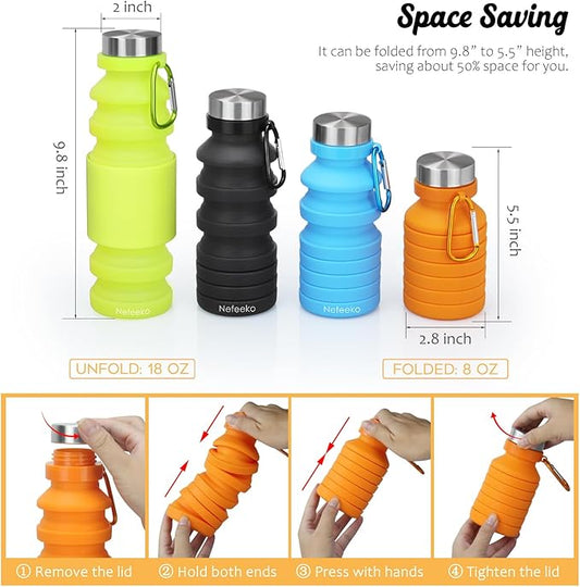 Nefeeko Collapsible Water Bottle, Reuseable BPA Free Silicone Foldable Water Bottles for Travel Gym Camping Hiking, Portable Leak Proof Sports Water Bottle with Carabiner