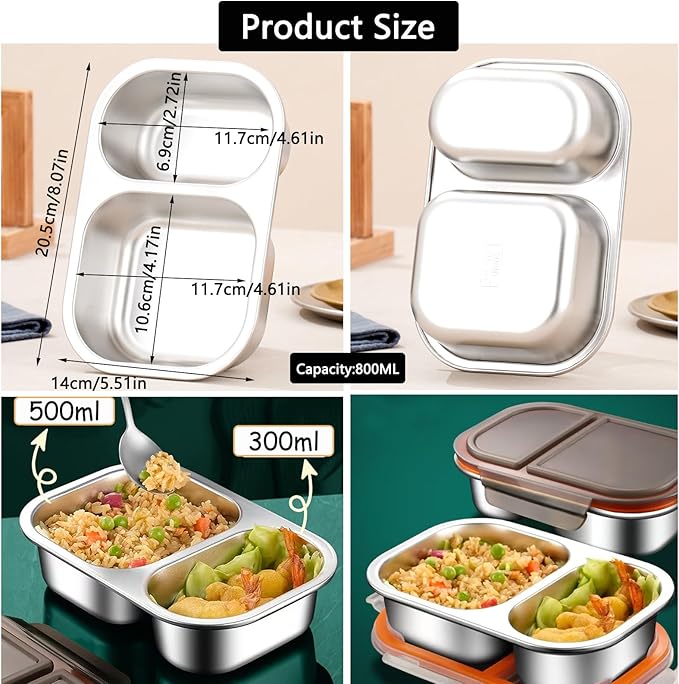 Ahongwenxi Stainless Steel Snack Box Containers, Reusable 2 Compartment Condiment Box with Lids, Food Container Sauce Cups, Divided Food Storage Containers for Home and Travel (Black)