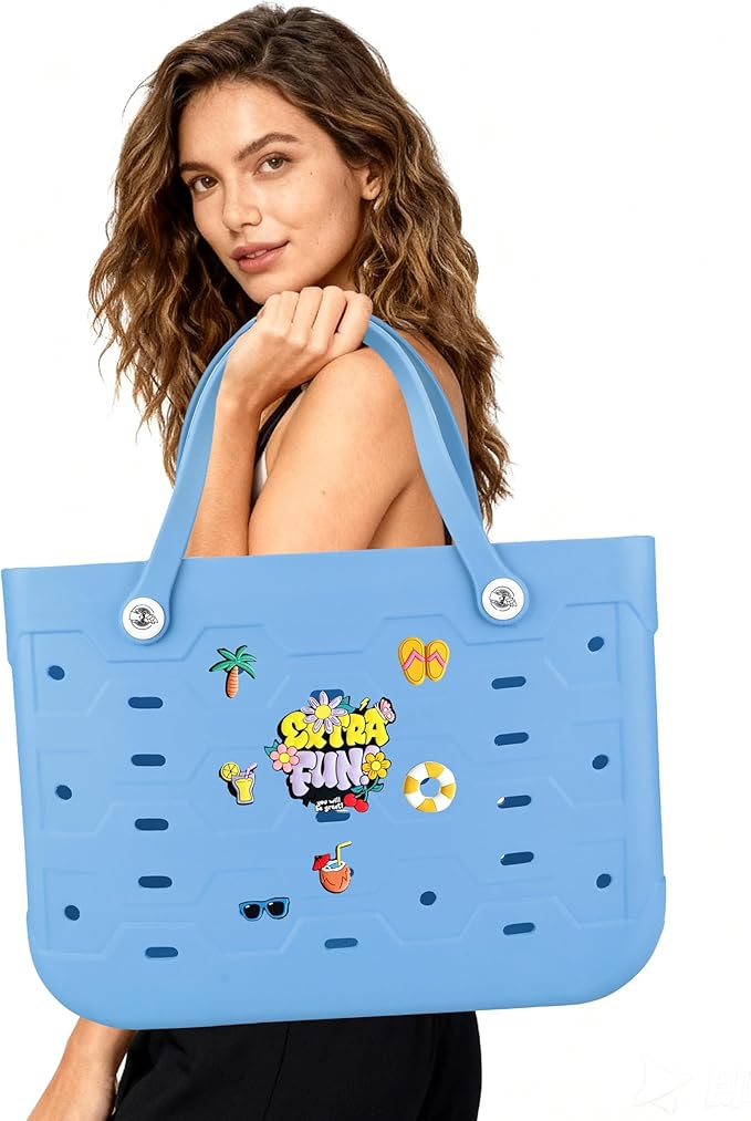 2-Piece Tote Bag Set, Waterproof Rubber Beach Bag with Summer Pattern, Medium & Large Handbag for Pool, Beach, Boat