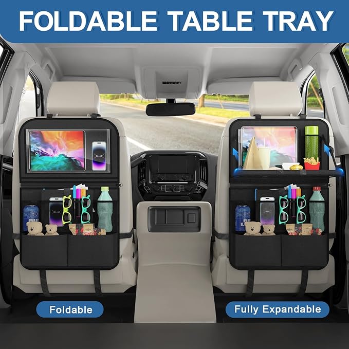 2 Pack Backseat Car Organizer with Tray, 11 Pocket Car Storage with Tablet Holder & Detachable Top for Steering Wheel, Road Trip Essentials Travel, Protector Kick Mats for Kids