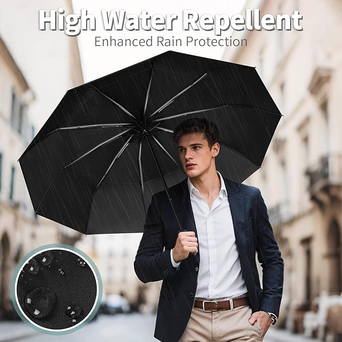 Seniny Travel Umbrella with Carabiner Handle, Windproof Large Umbrellas for Rain with Dual-Rib Structure, Portable Compact Umbrella with Reflective Strip, Car Backpack UV Umbrellas for Sun Protection