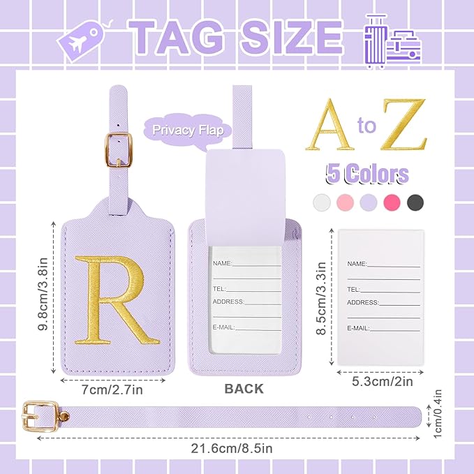 Personalized Initial Luggage Tags for Suitcase, Purple Leather Cute Luggage Tags with Privacy Cover Name Card, Embroidered Custom Monogrammed Luggage Tag Travel Backpack Tags Gifts for Women Kids(R)