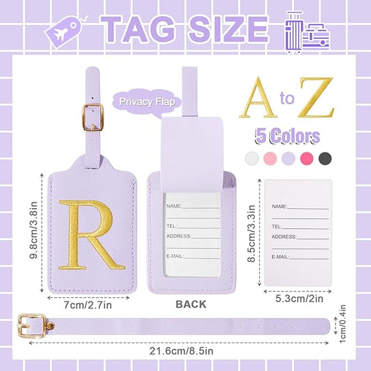 Personalized Initial Luggage Tags for Suitcase, Purple Leather Cute Luggage Tags with Privacy Cover Name Card, Embroidered Custom Monogrammed Luggage Tag Travel Backpack Tags Gifts for Women Kids(R)
