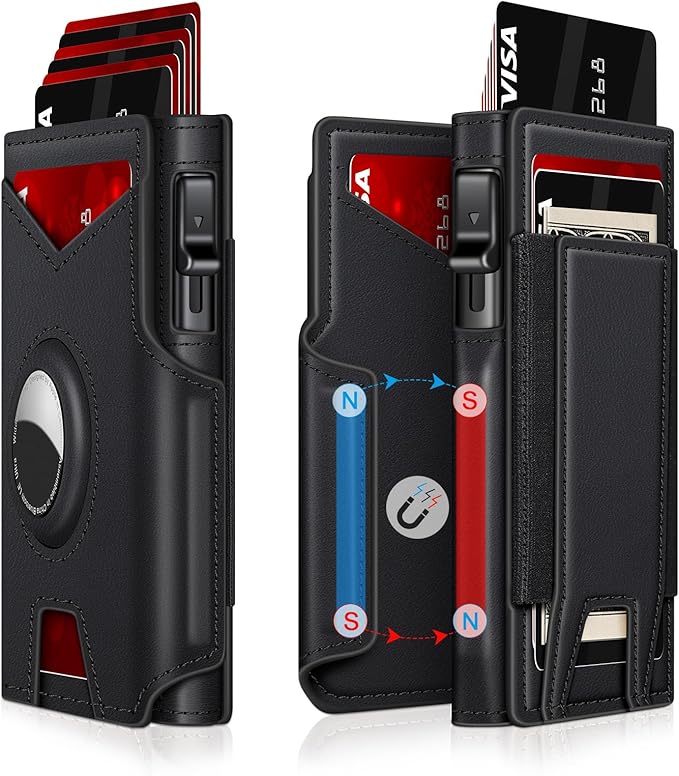 Airtag Wallet for Men, Minimalist Slim Mens Wallet Smart Pop Up Credit Card Holder for 9-13 Cards, RFID Blocking Wallet with ID Window & Cash Slot, Compact Bifold Metal Aluminum Card Case