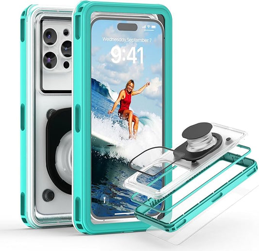 Waterproof Phone Pouch Case 7.5", 2025 Upgraded IPX8 Waterproof Phone Case for Snorkeling, Universal Fit for iPhone 16 Pro Max 15 14 13, Galaxy S25, Beach Vacation Essentials (Cyan)