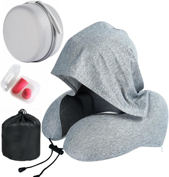 Travel Neck Pillow with Extra Large Hood Rollable Airplant Hooded Neck Pillow with Memory Foam Filling and Removable, Skin-Friendly Cover with a Carrying Pouch