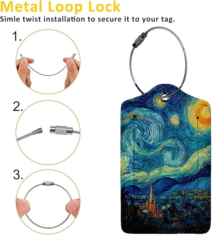 Stary Night 3 Pack Luggage Tags for Suitcases, PU Leather Baggage Suitcases Tag Name ID Label Privacy Cover Travel Bag Tags for Women Men Boys Girls