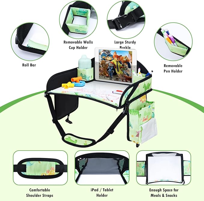 WENRENER 2PCS Kids Travel Tray, Car Seat Tray for kids Travel, Toddler Road Trip Essentials With Drawing Kit, Toddler Lap Desk Organizer for Car, Carseat Table for Airplane