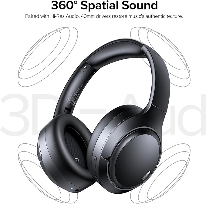 Hybrid Active Noise Cancelling Bluetooth 6.0 Headphones 120H Playtime 6 ENC Clear Call Mic, Over Ear Headphones Wireless with Hi-Res Audio Comfort Earcup Low Latency ANC Headphone for Travel Workout