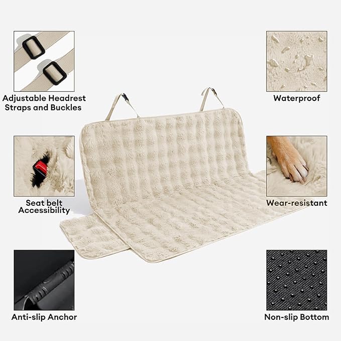 FUNNY FUZZY Fluffy Dog Car Seat Cover for Back Seat (Bench), Water-Resistant with Nonslip Backing,Pet Seat Protector for Cars SUVs Trucks（Beige