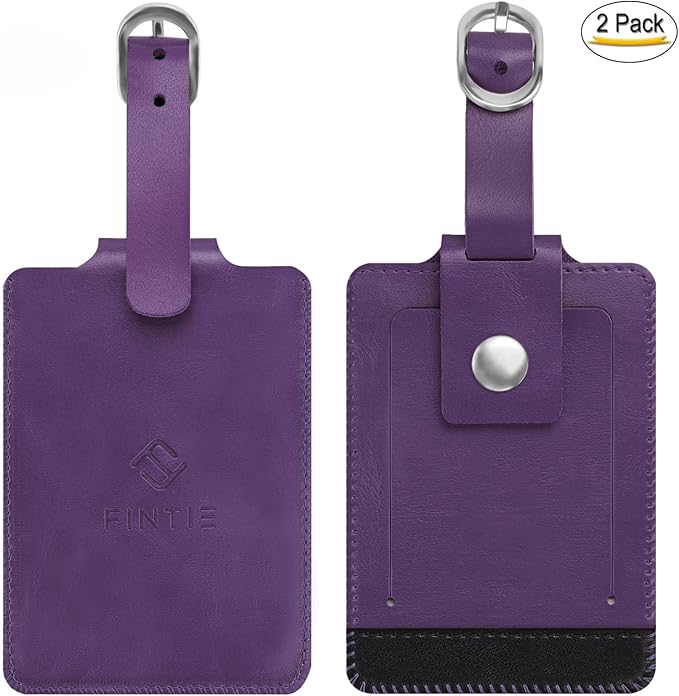 FINTIE 2 Pack Luggage Tags, Leather Name ID Labels with Privacy Cover for Travel Bag Suitcase, Theme - Genuine Leather-Purple
