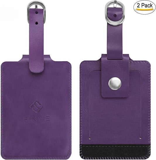 FINTIE 2 Pack Luggage Tags, Leather Name ID Labels with Privacy Cover for Travel Bag Suitcase, Theme - Genuine Leather-Purple