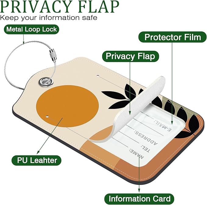 2 PCS Leather Luggage Tags for Suitcase Abstract Botanical Painting Travel Luggage Tag with Privacy Flap Name ID Label and Metal Loop for Travel Bag Suitcase