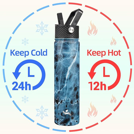 Insulated Water Bottle 24oz Stainless Steel Sport Bottles with 3 Lids,Marble Ocean