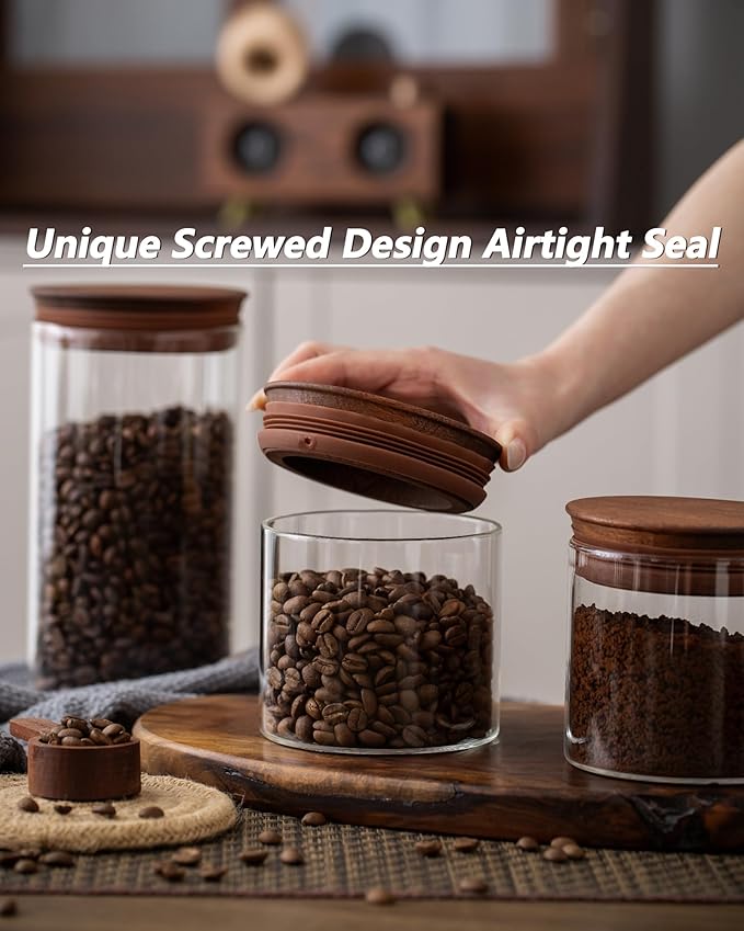 BOILMERIT 17 oz Coffee Canister with Scoop and Wooden Lids, Airtight Glass Coffee Beans Storage Container Sets of 2 for Ground Coffee,Food Storge Jars for Ground Coffee Bar Cereal Snack