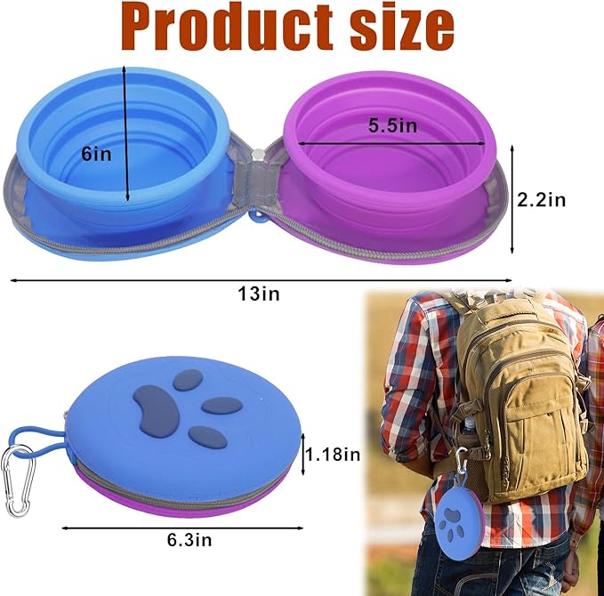 Collapsible Dog Bowls, 2-in-1 Silicone Pet Food and Water Bowl with Carabiner, Portable Double Compartment Dish for Travel, Camping, Hiking Puppy Essentials (Purple Blue)