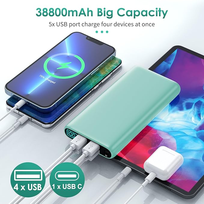 Portable Charger 38800mAh,LCD Display Power Bank,5 USB Outputs Battery Pack Backup, USB-C 3A in&out Travel Essential Portable Phone Charger For iPhone 17/16/15/14/13 Pro,Android Samsung Galaxy-Green