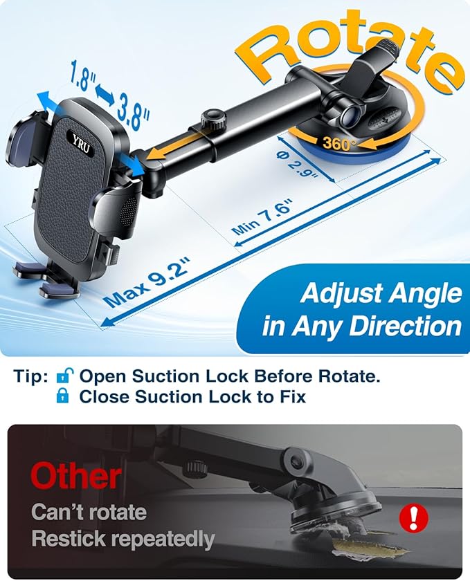 YRU True Military-Grade [360° Rotation Suction] 2025 Ultimate Car Phone Holder Mount 【90+LBS Safest Strongest & Patent Certs】 Dashboard Windshield Vent for iPhone 17 16 Pro Max Samsung, Matt Black