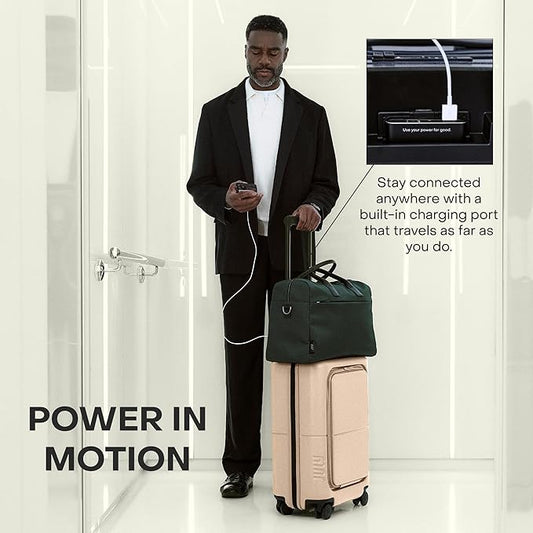 July Carry On Pro - 20" Hardshell with Front Pocket, Airline Approved Carry On Luggage with Wheels, TSA Lock Rolling Suitcase, Silent Spinner Wheels, USB Ports & Ejectable Battery - Sand