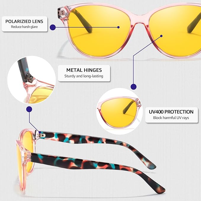 Myiaur Night Vision Driving Glasses for Women, Polarized Anti Glare Yellow Lens Glasses for Nighttime, UV400 Protection