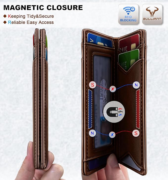 BULLIANT Men Wallet,Top Grain Leather Slim Wallet Magnetic Closure Simplifed Bill Folder RFID Blocking 11Cards