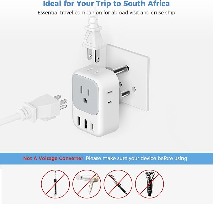 TESSAN South Africa Power Adapter, Type M Plug Adaptor with 4 American Outlets 3 USB Charger (1 USB C Port) for US to Bhutan Botswana Namibia Nepal