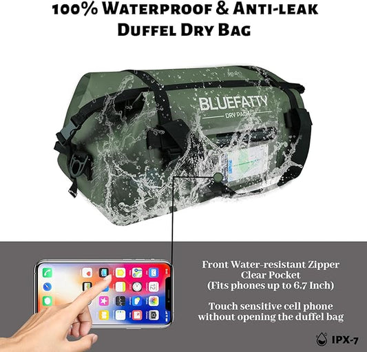 Waterproof Motorcycle Duffel Bag Roll Top Dry Duffel Bag with Quick-fixed Straps for Rafting, Boating, Kayaking, Travel, 50L(Army Green)