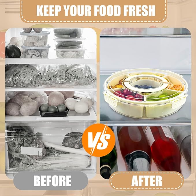 Divided Serving Tray with Lid and Handle，Rotating Snackle Box Container Candy Organizer, Portable Spinning Veggie Tray for Kitchen, Party, Trave and Picnic，Clear Lazy Susan Organizer (white)