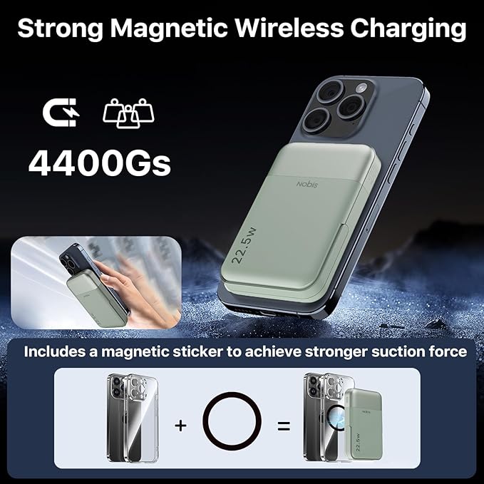 NOBIS A2641 Magnetic Power Bank, 10000mAh Wireless Portable Charger, 22.5W Magnetic Battery Pack with Stands,Magnetic Portable Charger with LED Display for iPhone 16 (Green, 22.5W)