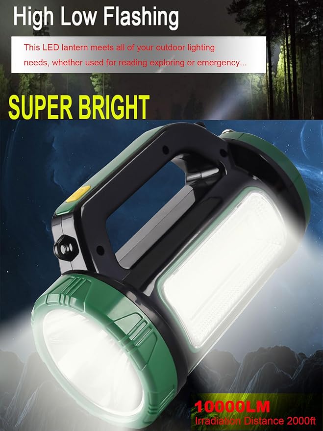 LED Spotlight Lantern Searchlight, Solar Rechargeable Super Bright 10000LM Handheld LED Spot Light Flashlight, Multifunction Camping Lantern Work Light, 6 Lights Modes, Waterproof