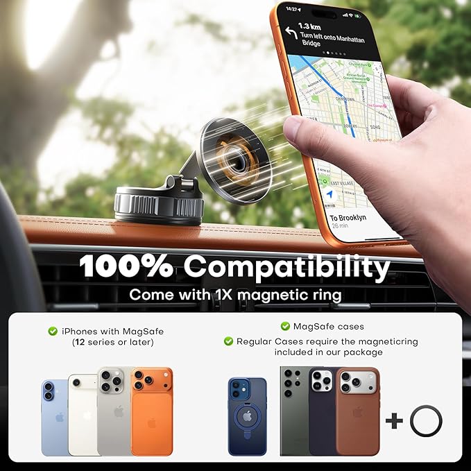 Peerock Car Phone Holder, 360°Adjustable Magnetic Phone Holder for Car, Foldable Suction Cup Phone Mount, Phone Holders for Your Car for iPhone 17/16/15/14/13/12 Series