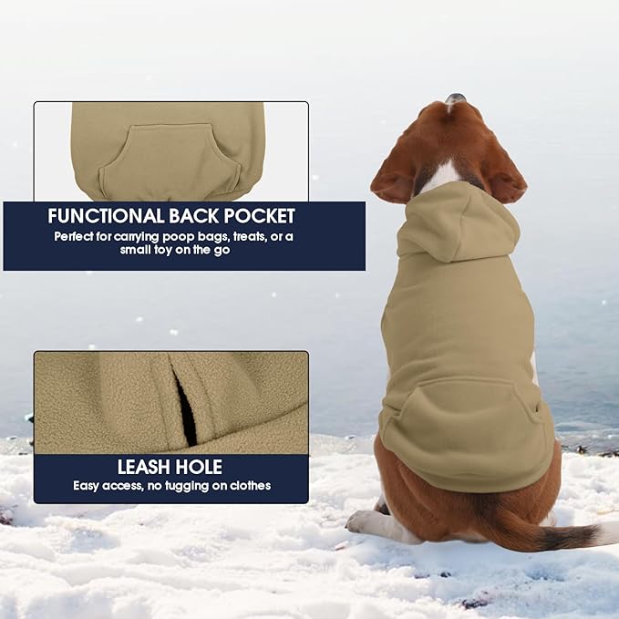 IECOii XL Dog Sweater, Pullover Hoodie for Medium Large Dogs, Warm Fleece Dog Sweatshirt with Hood for Cold Weather,Pet Winter Clothes for Dogs Girl Boy,Hooded Coat with Leash Hole, Khaki, XLarge