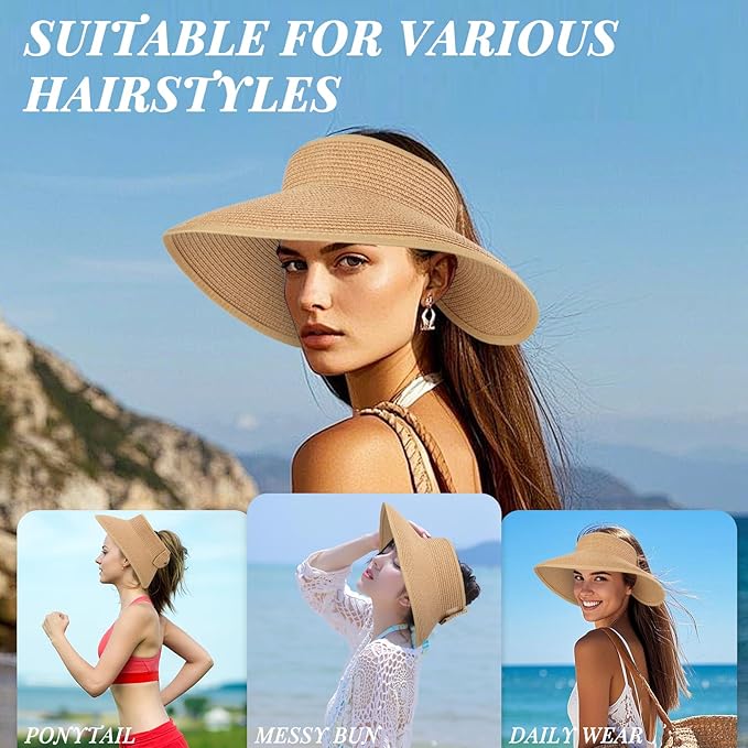Beach Sun Hats for Women Wide Brim Straw Foldable Beach Hat UV Protection