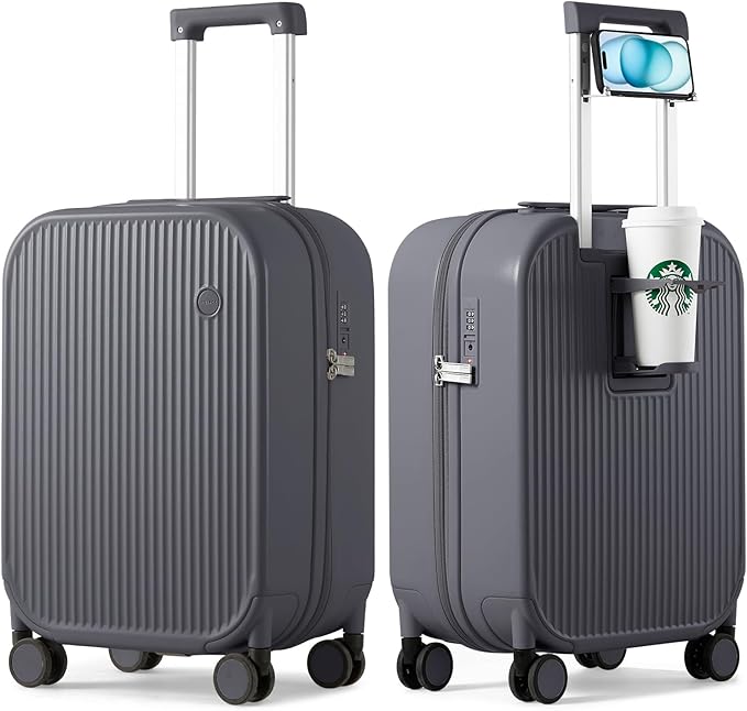 mixi Carry On Luggage with Cup Phone Holder Hard Shell Rolling Travel Suitcase with Spinner Wheels,20 Inch Rock Grey