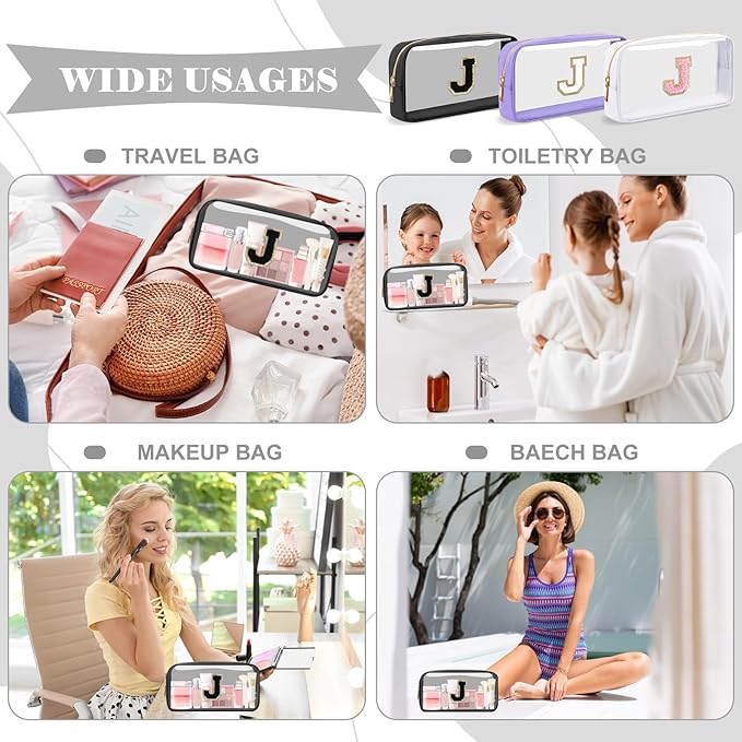 Personalized Initial Letter Clear Makeup Bag,Preppy Small Nylon&PVC Cosmetic Zipper Bag with Chenille Letter,Travel Skincare Toiletry Bag,Monogram Christmas Gift for Teen Girls Women,J