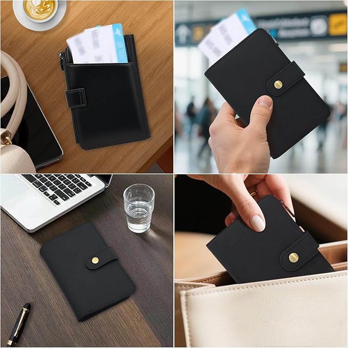 Full Grain Leather Passport Wallet, RFID Blocking Passport Holder with Tracker Slot, Multi Compartment Travel Wallet for Women & Men, Secure Passport Cover Case for Airport Essentials (Black)