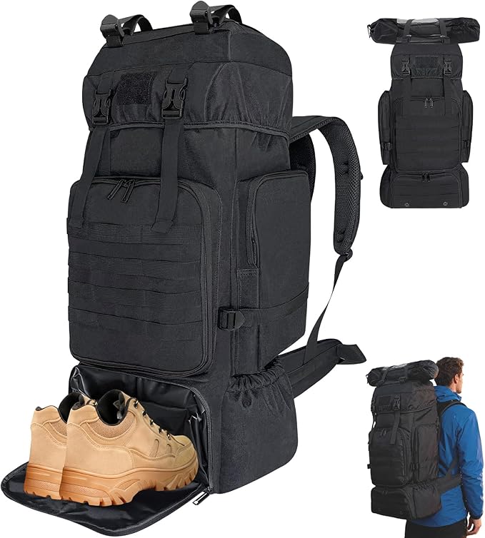 Vaupan 70L Hiking Backpack for Men Women Camping bag with Shoe Compartment Large Military Tactical Backpack, MOLLE Rucksack Sport Travel Backpacking Daypack (Black)