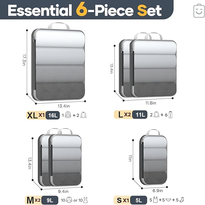 Veken 6/9/11 Set Compression Packing Cubes for Travel Essentials,Compressible Expandable Large Luggage Suitcase Organizer Bags for Clothing,Durable Space Saver Storage Bags(Black)