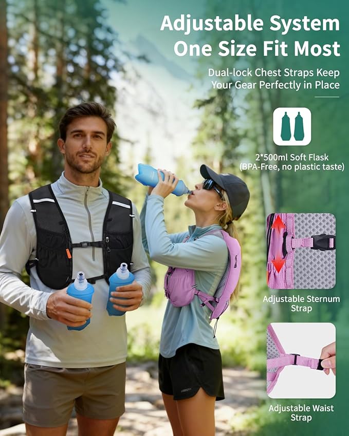 ECOHUB Running Hydration Vest Backpack with 2*500ML Soft Flask, Lightweight Trail Running Pack for Men Women, Adjustable No Bounce Hydration Backpack for Marathon Hiking Cycling