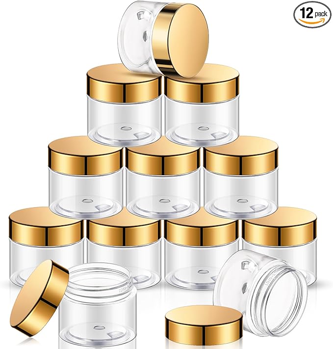 SATINIOR 12 Pack 10 oz Plastic Container Jars with Lids Round Clear Travel Cosmetic Container Slime Jars for Toiletries, Lotion, Cream, Ointments, Makeup, Rhinestone, Samples, Kitchen Storage(Gold)
