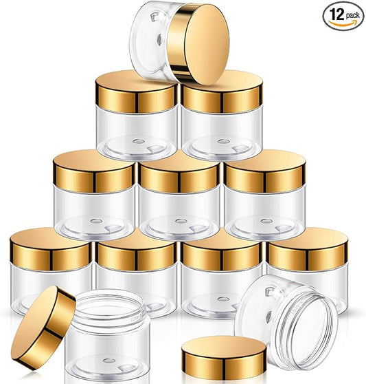 SATINIOR 12 Pack 12 oz Plastic Container Jars with Lids Round Clear Travel Cosmetic Container Slime Jars for Toiletries, Lotion, Cream, Ointments, Makeup, Rhinestone, Samples, Kitchen Storage(Gold)