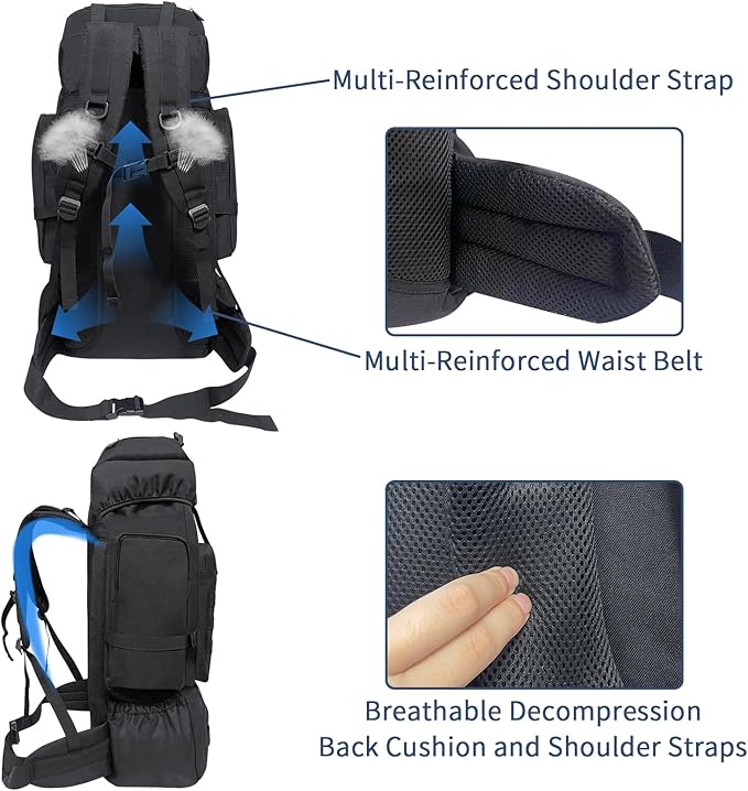 Vaupan 70L Hiking Backpack for Men Women Camping bag with Shoe Compartment Large Military Tactical Backpack, MOLLE Rucksack Sport Travel Backpacking Daypack (Black)