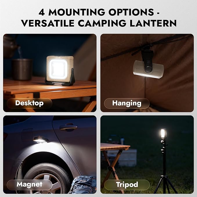 WARSUN 1000 Lumens Rechargeable Work Light – Portable LED Camping Lantern with Tripod Mount, Type-C Charging, Magnetic Base, Hanging Hook, Multi Lighting Modes,for Outdoor,Hiking,Camping