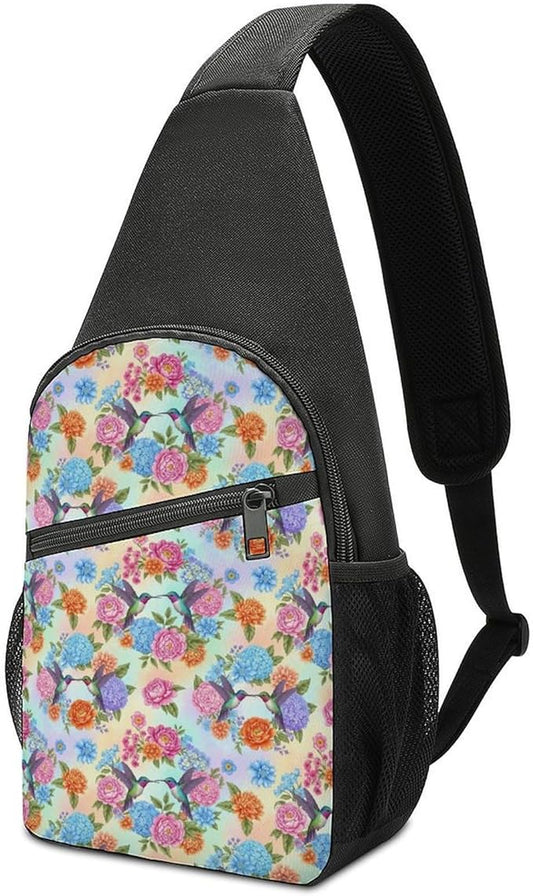 SWEET TANG Women's Cool Chest Bag Gym Sack Fashion Sling Shoulder Backpack Outdoor Sports Daypack Retro Hummingbirds Floral, Multipurpose Adjustable Bag Small Camera Case for Daily Use