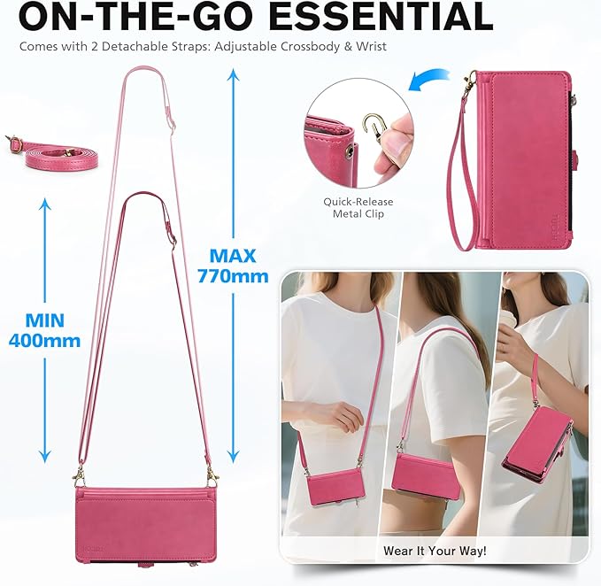 TUCCH Detachable Crossbody Case Wallet for iPhone 17 Pro Max 6.9", Wireless Charging | RFID Blocking 10 Card Holder | Lanyard Wrist Strap | Stand | Zipper Pocket | PU Leather Magnetic Cover | Hot Pink
