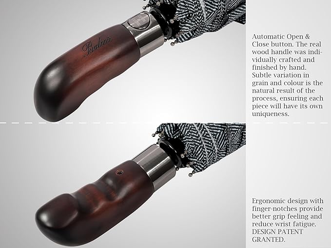 Balios Travel Folding Umbrella with Real Wood Handle Auto Open Close Vented Windproof Canopy - Designed in UK