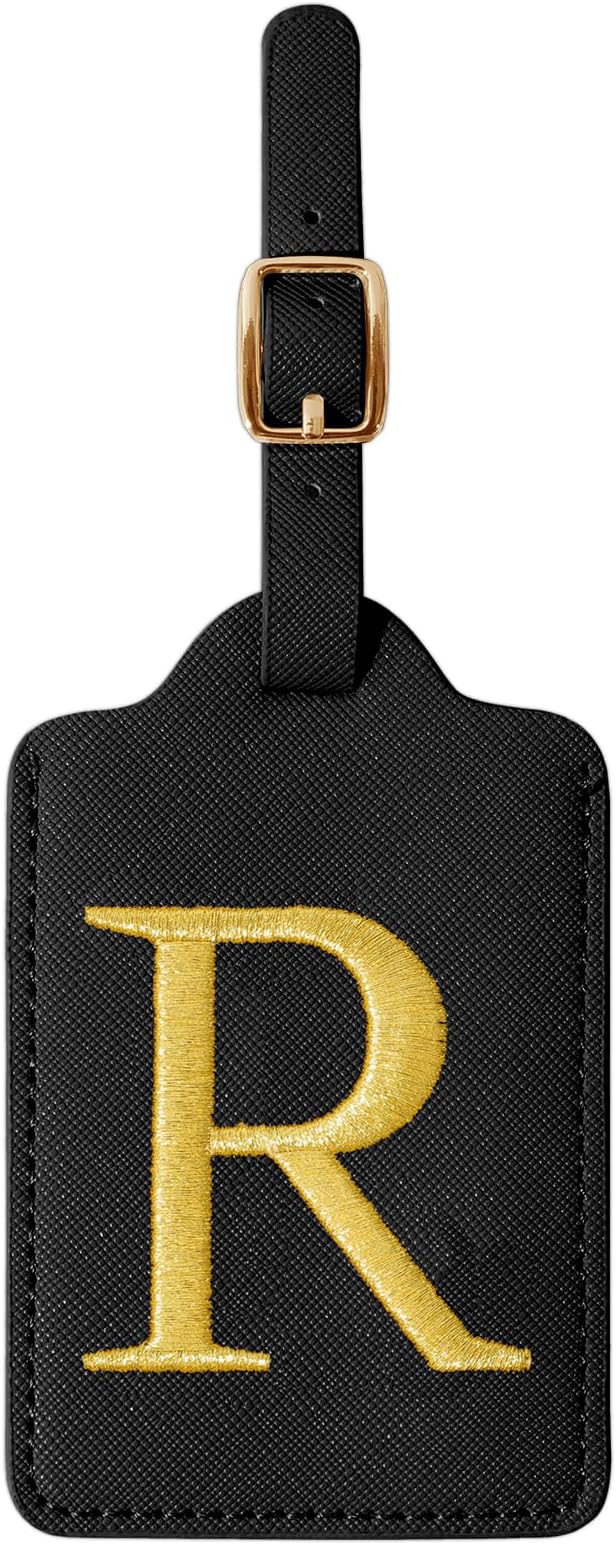 Personalized Initial Luggage Tags for Suitcase TSA Approved, Black Leather Cute Luggage Tag with Privacy Cover Name Card, Embroidered Custom Luggage Tags Travel Backpack Tags Gifts for Women Kids(R)